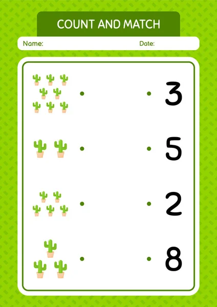 Count Match Game Cactus Worksheet Preschool Kids Kids Activity Sheet — Image vectorielle