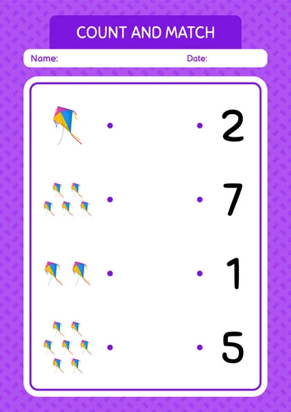 Count Match Game Kite Worksheet Preschool Kids Kids Activity Sheet — Stock Vector