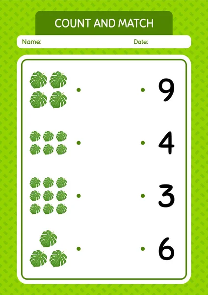 Count Match Game Monstera Leaf Worksheet Preschool Kids Kids Activity — Vetor de Stock