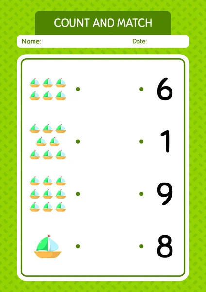 Count Match Game Sailing Boat Worksheet Preschool Kids Kids Activity — Vetor de Stock
