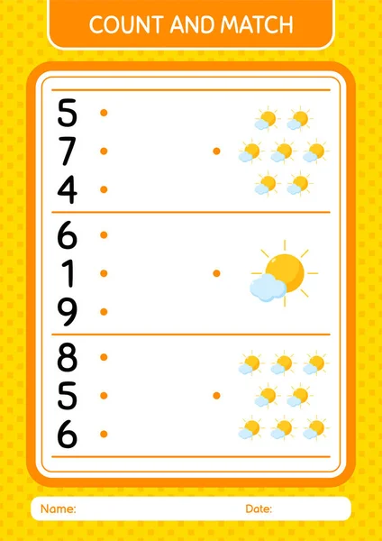 Tel Match Spel Met Zon Werkblad Voor Kleuters Activiteitenblad Voor — Stockvector