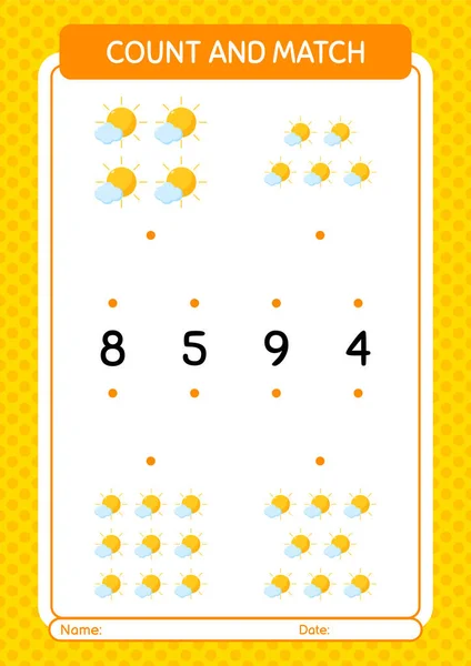 Count Match Game Sun Worksheet Preschool Kids Kids Activity Sheet — Stockový vektor