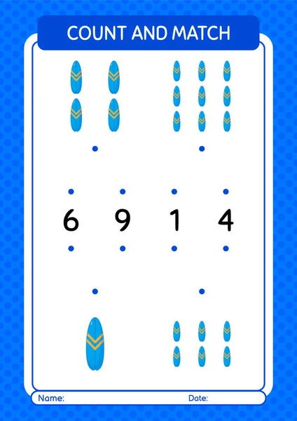 Count Match Game Surfboard Worksheet Preschool Kids Kids Activity Sheet — стоковый вектор