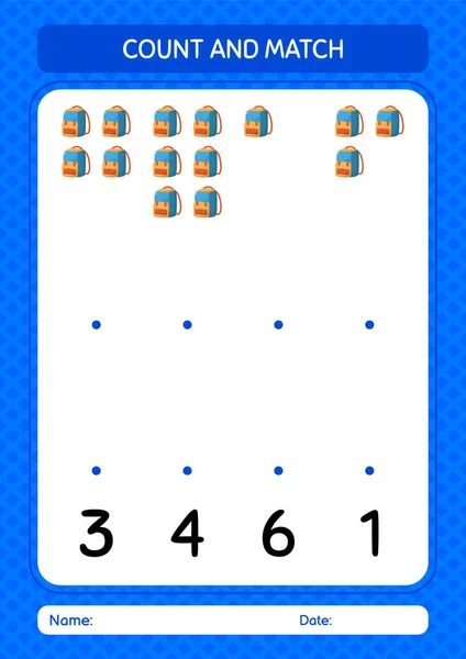 バックパックとゲームをカウントして一致させます 就学前の子供のためのワークシート子供の活動シート — ストックベクタ