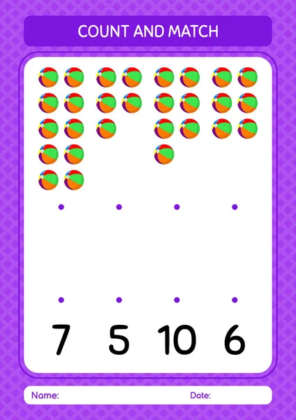 Count Match Game Beach Ball Worksheet Preschool Kids Kids Activity — стоковый вектор