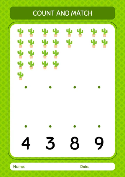 Count Match Game Cactus Worksheet Preschool Kids Kids Activity Sheet — Vector de stock