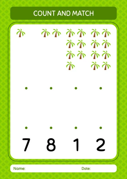 Count Match Game Coconut Tree Worksheet Preschool Kids Kids Activity —  Vetores de Stock
