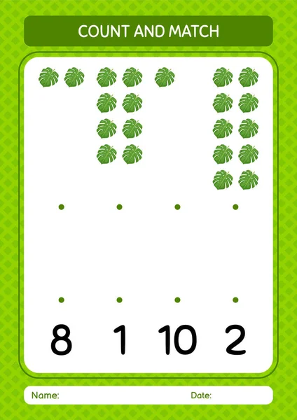 Count Match Game Monstera Leaf Worksheet Preschool Kids Kids Activity — Stock Vector