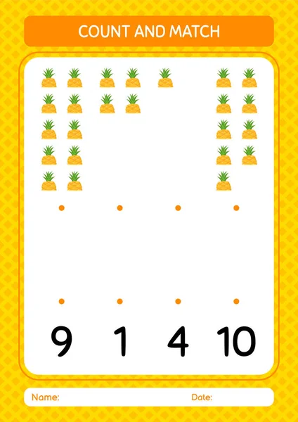 Count Match Game Pineapple Worksheet Preschool Kids Kids Activity Sheet — 스톡 벡터