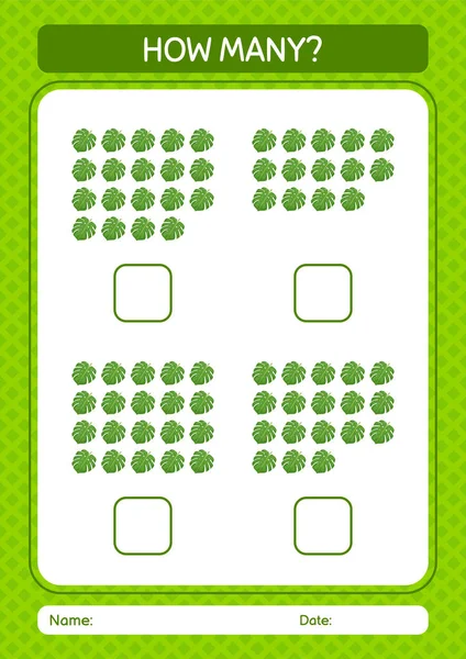 How Many Counting Game Monstera Leaf Worksheet Preschool Kids Kids — Stock Vector
