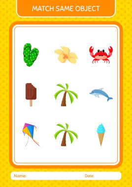 Aynı nesne oyunu yaz ikonu ile eşleştir. Anaokulu öğrencilerinin çalışma listesi, çocukların faaliyet listesi.