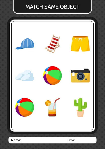 Match Same Object Game Summer Icon Worksheet Preschool Kids Kids — Archivo Imágenes Vectoriales