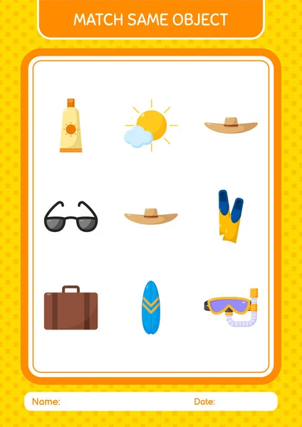Match Same Object Game Summer Icon Worksheet Preschool Kids Kids — Stock Vector