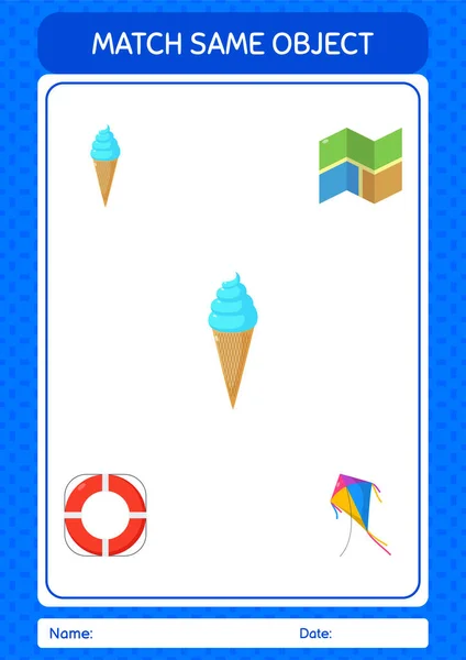 Match Same Object Game Summer Icon Worksheet Preschool Kids Kids — Stockový vektor