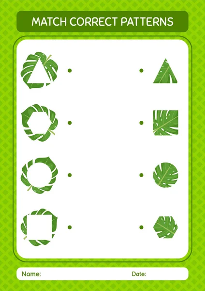Match Pattern Game Monstera Leaf Worksheet Preschool Kids Kids Activity — Stok Vektör