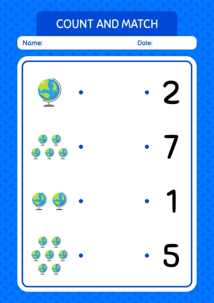 Count Match Game Globe Worksheet Preschool Kids Kids Activity Sheet — Stockvector