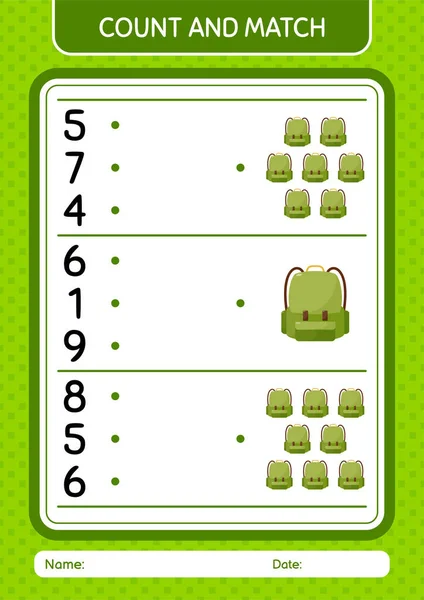 Count Match Game Backpack Worksheet Preschool Kids Kids Activity Sheet — Stock Vector