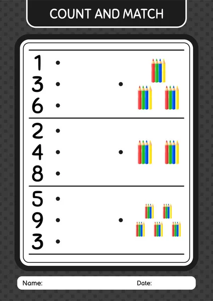 Подсчет Матч Игры Цветным Карандашом Рабочий Лист Детей Дошкольного Возраста — стоковый вектор