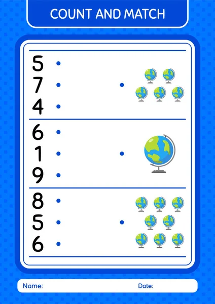 Count Match Game Globe Worksheet Preschool Kids Kids Activity Sheet — Stock Vector