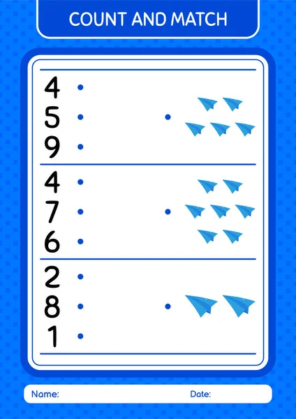 Count Match Game Paper Plane Worksheet Preschool Kids Kids Activity — Vettoriale Stock