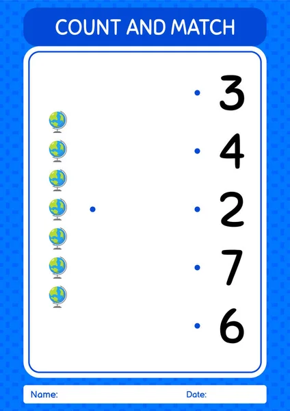 Count Match Game Globe Worksheet Preschool Kids Kids Activity Sheet — Vetor de Stock