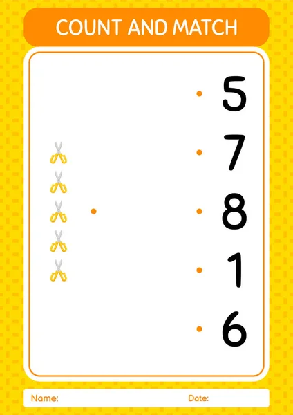 Count Match Game Scissors Worksheet Preschool Kids Kids Activity Sheet — Stock Vector