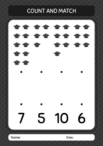 Подсчет Матч Выпускной Шапкой Рабочий Лист Детей Дошкольного Возраста Лист — стоковый вектор