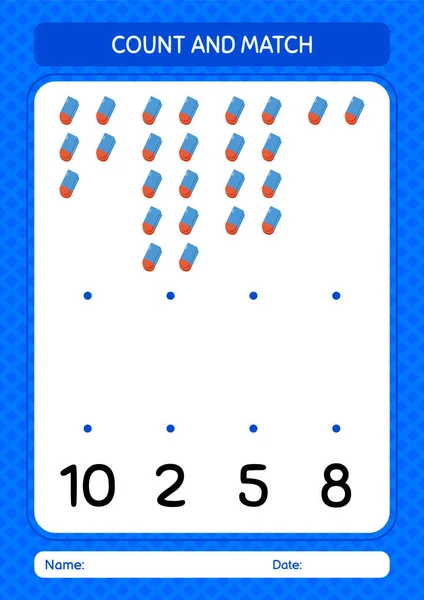 Подсчет Матч Игры Резинкой Ластик Рабочий Лист Детей Дошкольного Возраста — стоковый вектор