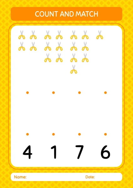 Count Match Game Scissors Worksheet Preschool Kids Kids Activity Sheet — Vetor de Stock