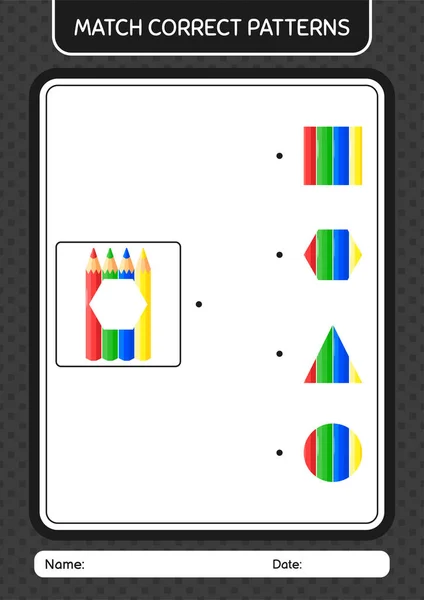 Match Pattern Game Color Pencil Worksheet Preschool Kids Kids Activity — Image vectorielle
