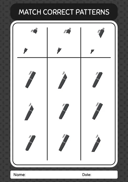 Match Pattern Game Pen Worksheet Preschool Kids Kids Activity Sheet — Stockový vektor