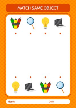 Aynı nesne oyunu yaz ikonu ile eşleştir. Anaokulu öğrencilerinin çalışma listesi, çocukların faaliyet listesi.