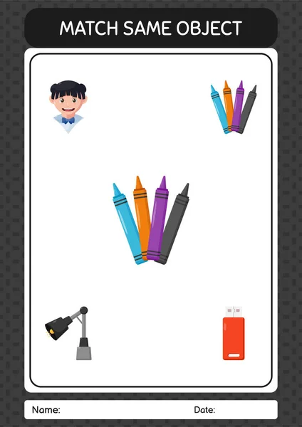 Match Same Object Game Crayons Worksheet Preschool Kids Kids Activity — Stockový vektor