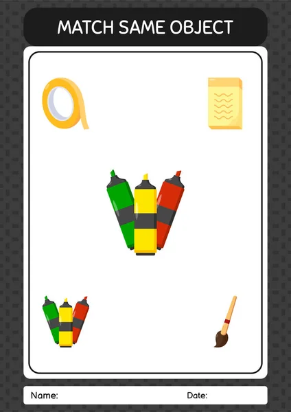 Match Same Object Game Marker Pen Worksheet Preschool Kids Kids — Image vectorielle