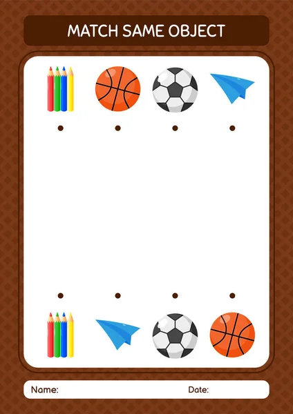 Match Same Object Game Summer Icon Worksheet Preschool Kids Kids — Stockový vektor