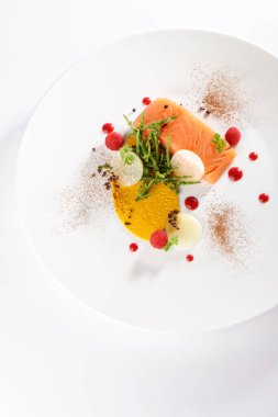 Aperatif yemek, sebzeli taze somon filetosu.