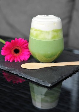 Ev yapımı buzlu Matcha Latte çay sütlü