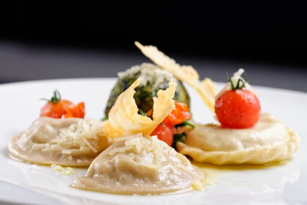 Bavarian Bread Dumplings Served White Platter Garnished Parsley — Stock Photo, Image