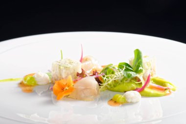 Fine dining, Elegant seabass tartare with avocado and pesto topped balsamic sauce