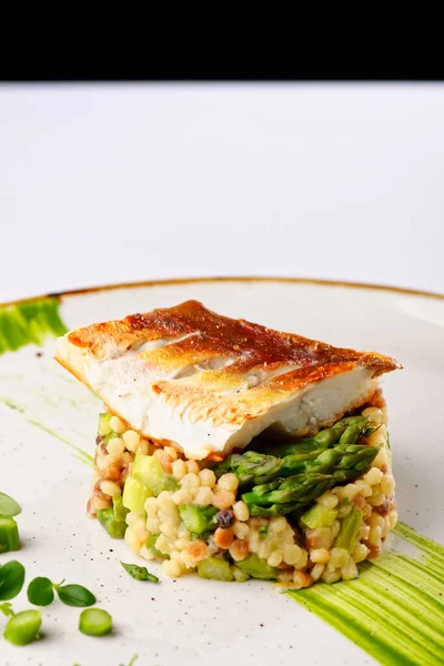 Fine Dining Fish Fillet Breaded Herbs Spice Asparagus Risotto — 스톡 사진