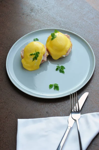 Eggs Benedict Toasted English Muffins Ham Poached Eggs Stock Photo