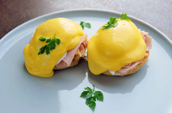 Eggs Benedict Toasted English Muffins Ham Poached Eggs Stock Image