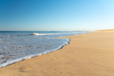 Portekiz 'in Algarve bölgesindeki Vilamoura sahilinde yumuşak dalgalar.