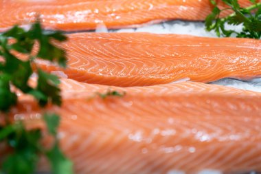 Balık pazarındaki somon balığı - yiyecek konsepti - seçici odak noktası