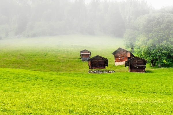 Wooden Houses Green Fields Swiss Alps Hills Foggy — Stock Photo, Image