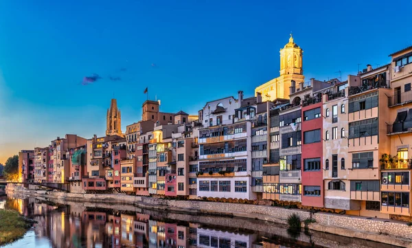 Vista Ciudad Girona Centro Histórico Con Catedral Cataluña España Atardecer — Foto de Stock