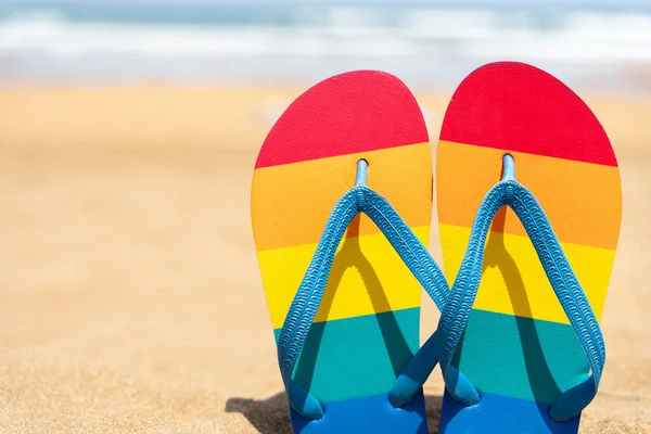 Pantoufles Colorées Sur Plage Jour Été Drapeau Gay Pride Flip — Photo