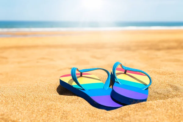 Chinelos Coloridos Praia Dia Verão Bandeira Orgulho Gay Chinelo — Fotografia de Stock