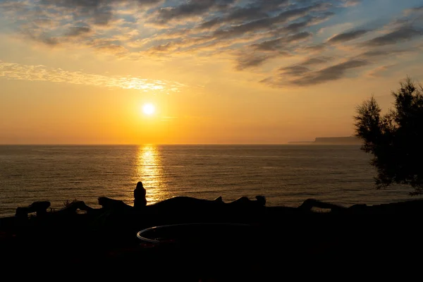 silhouette of a woman watching the sunrise, in a public garden in Santander on the beac