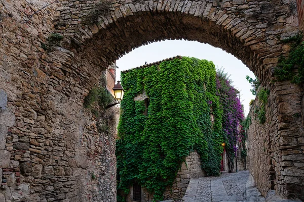 Girona, Katalonya, İspanya 'da Peratallada' nın ortaçağ köyünde çiçekli bir sokak manzarası